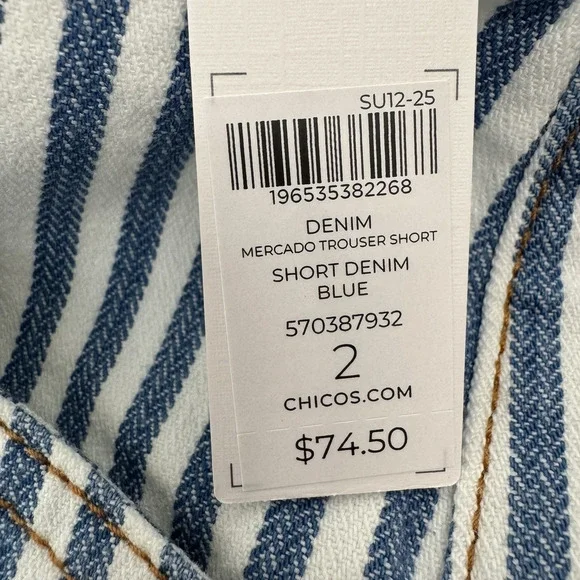 Chicos 2 Denim Mercado Trouser Shorts Women's Sz 12 Blue White Stripe 6.5 Inseam - Picture 6 of 10